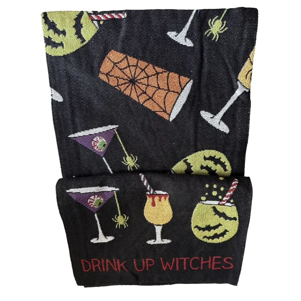 Halloween Tapestry Table Runner Drink Up Witches Cocktails Spiders Bats 13x72